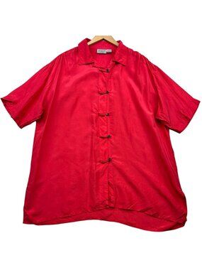 Venezia Women's Silk Frog Button Front Shirt Short Sleeve Size 18/20 Red Solid